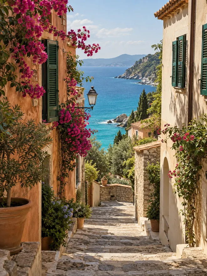 A sunlit coastal stairway leading towards the sea