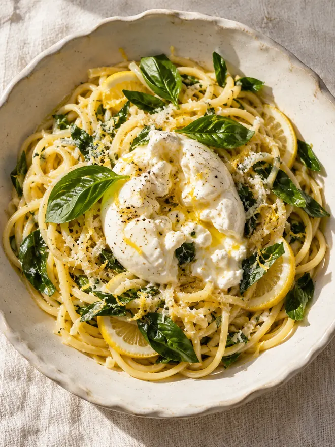 Lemon pasta with burrata and fresh basil
